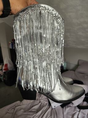 Silver Fringe Sequin Western Ankle Boots - Women